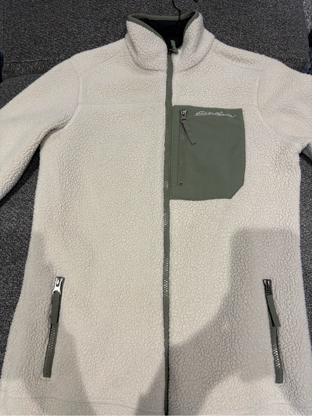 Eddie Bauer Women’s Cream Sherpa Fleece Jacket with Olive Chest Pocket